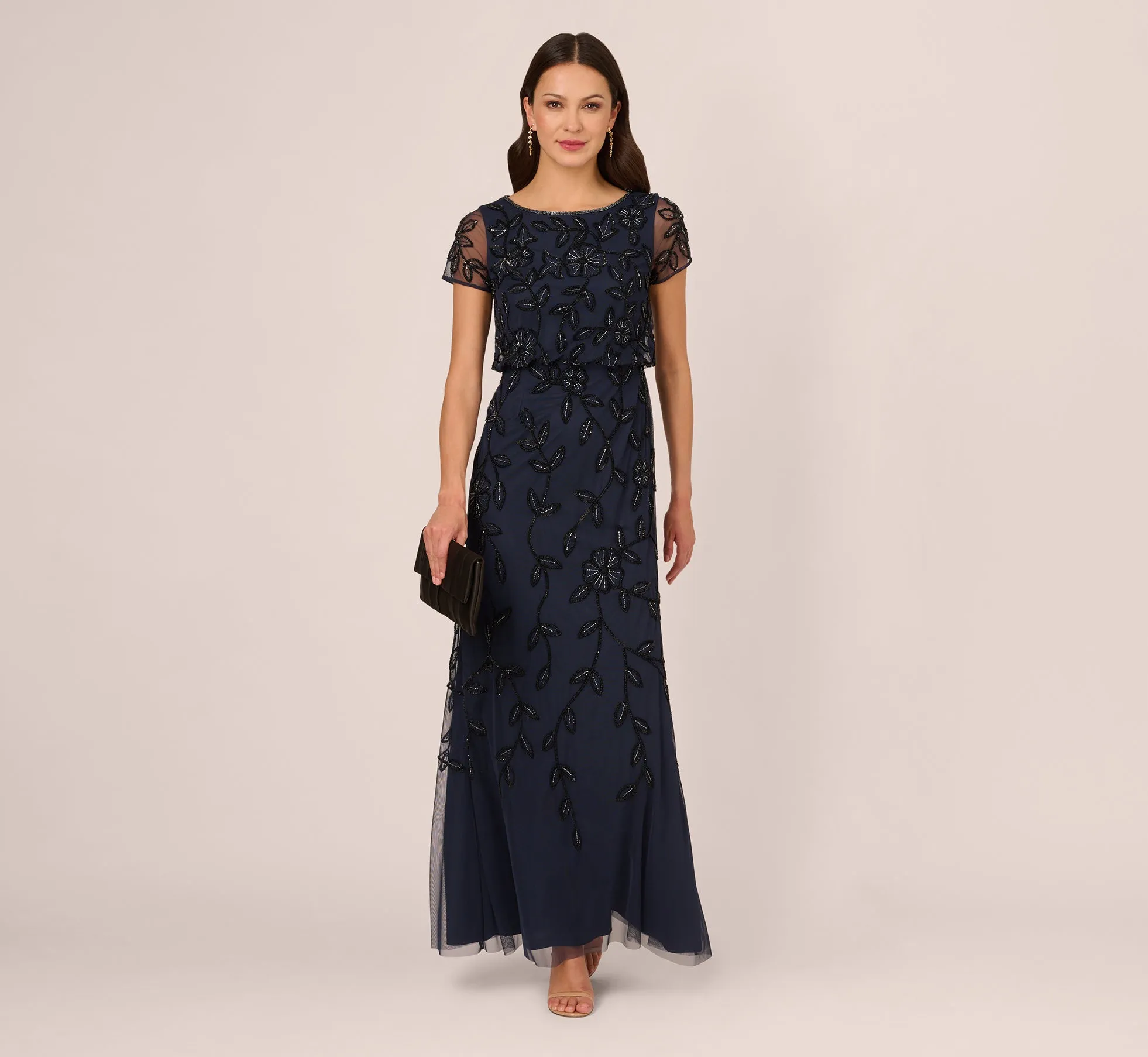 Jasmine Beaded Blouson Gown With Sheer Short Sleeves In Navy Black