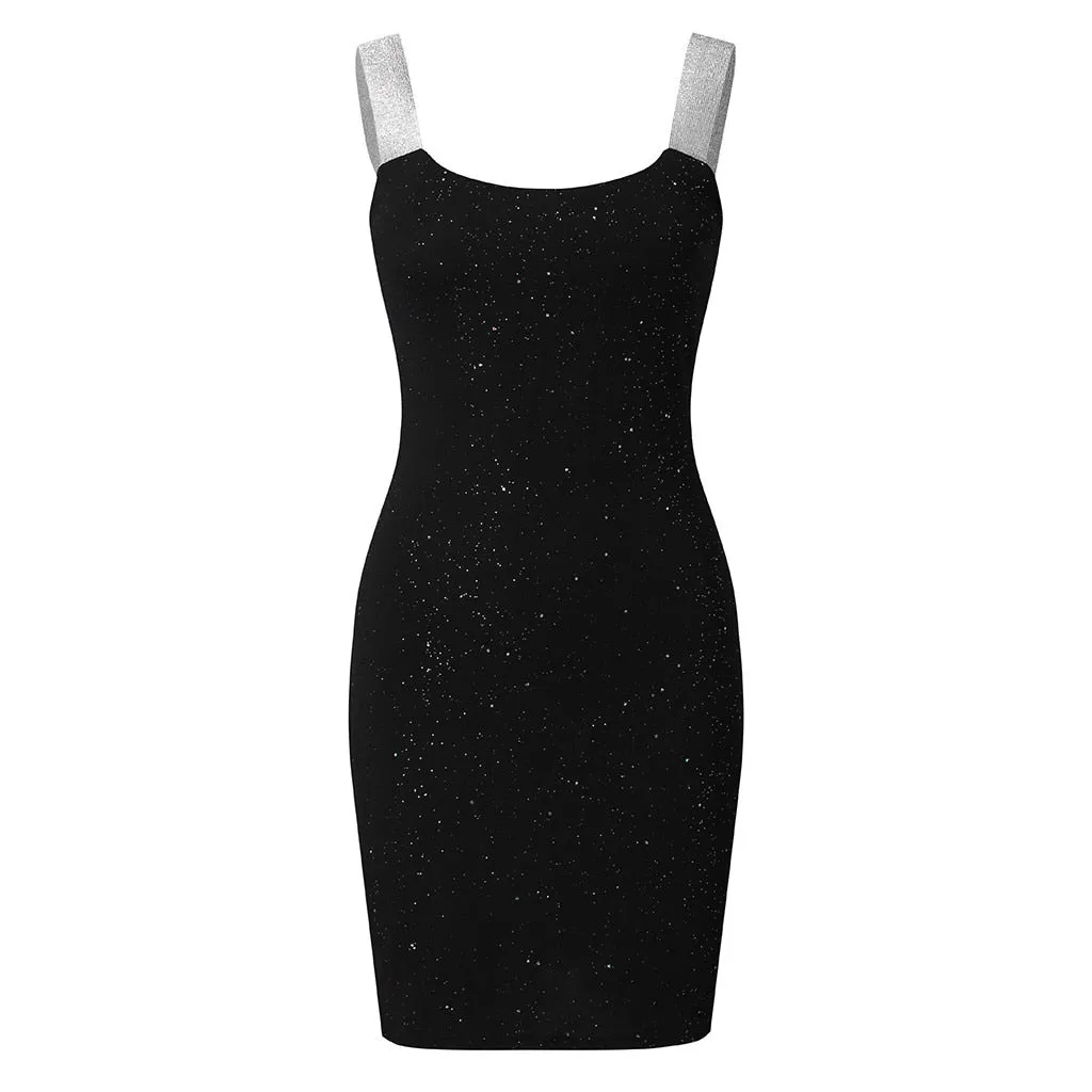 Joskaa Sexy Party Sequin Dress For Women Bodycon Black Dress Sleeveless Strappy Dresses