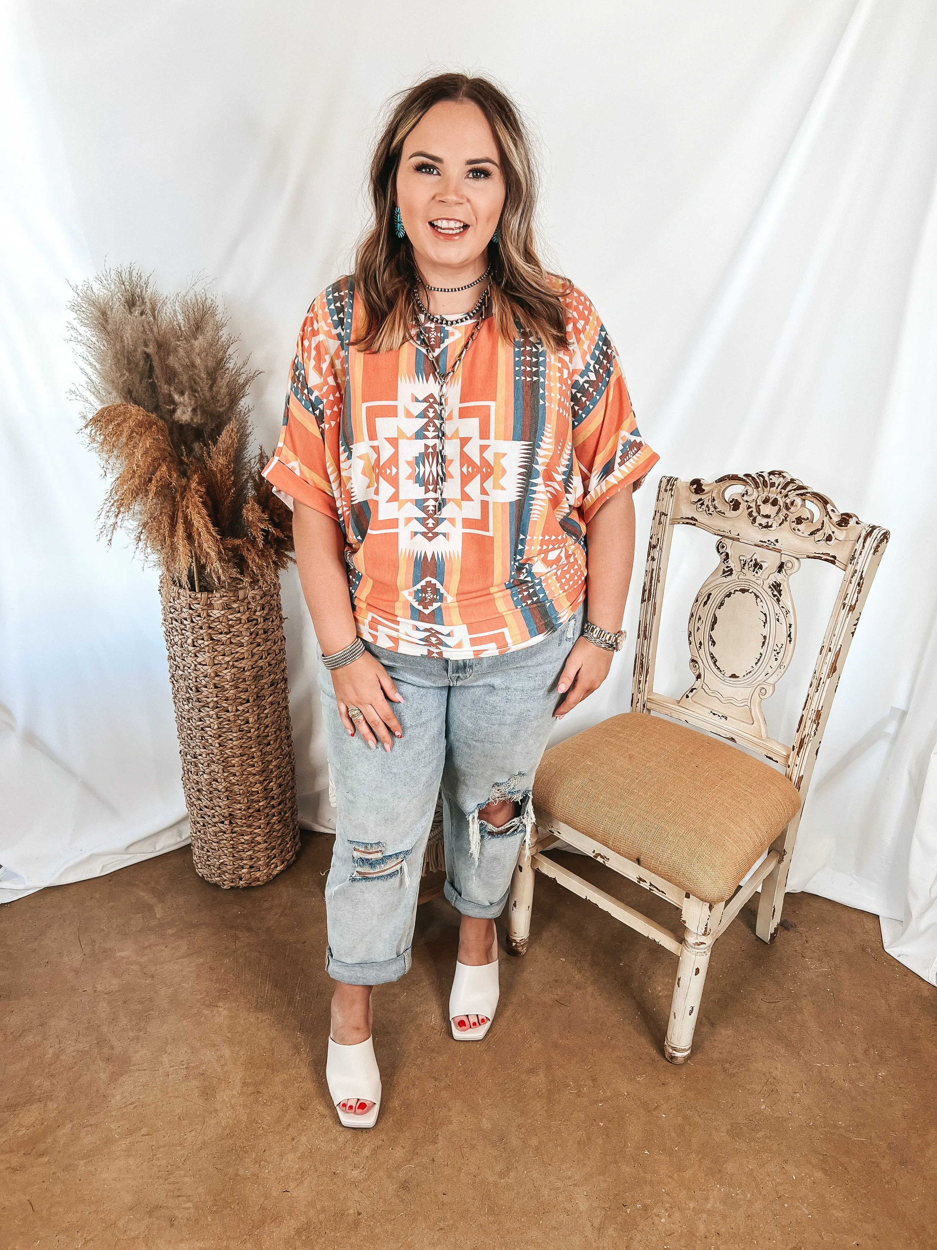 Last Chance Size Small | Western Weather Aztec Print Striped Short Sleeve Top in Coral Mix