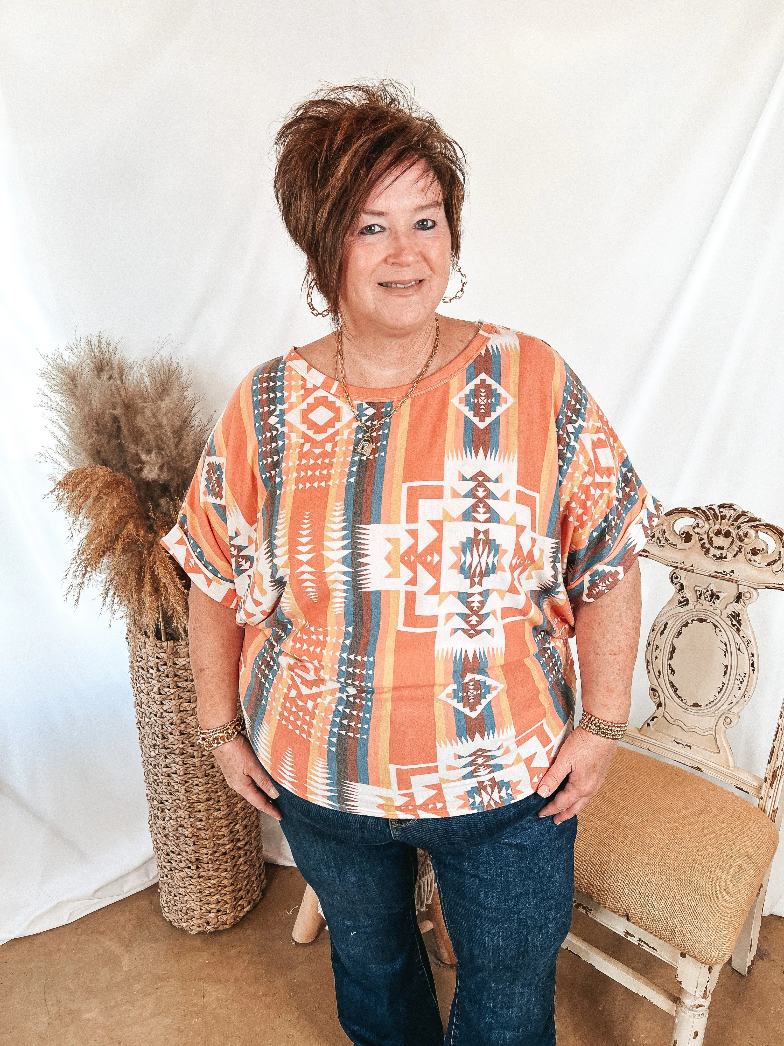 Last Chance Size Small | Western Weather Aztec Print Striped Short Sleeve Top in Coral Mix