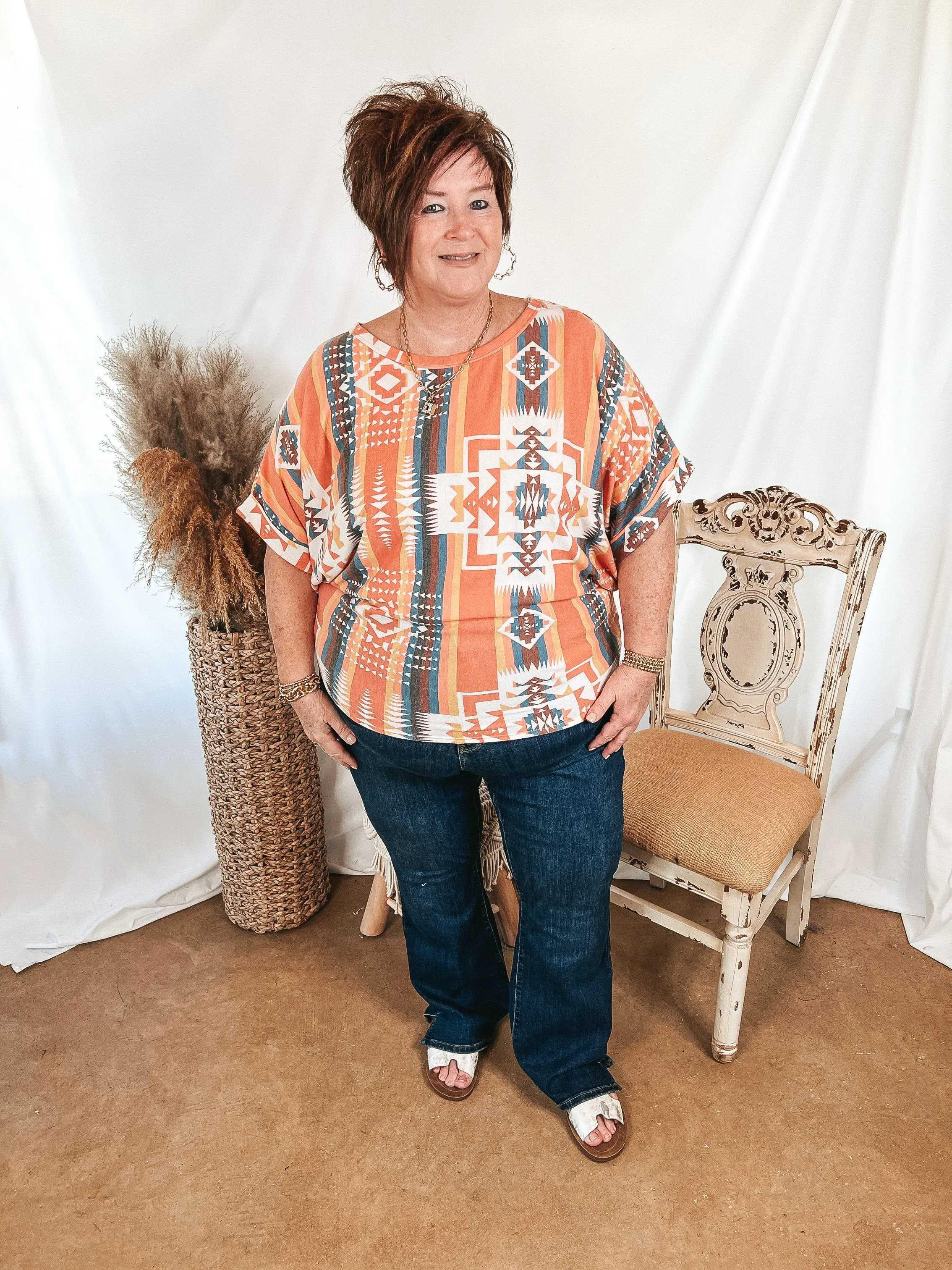 Last Chance Size Small | Western Weather Aztec Print Striped Short Sleeve Top in Coral Mix