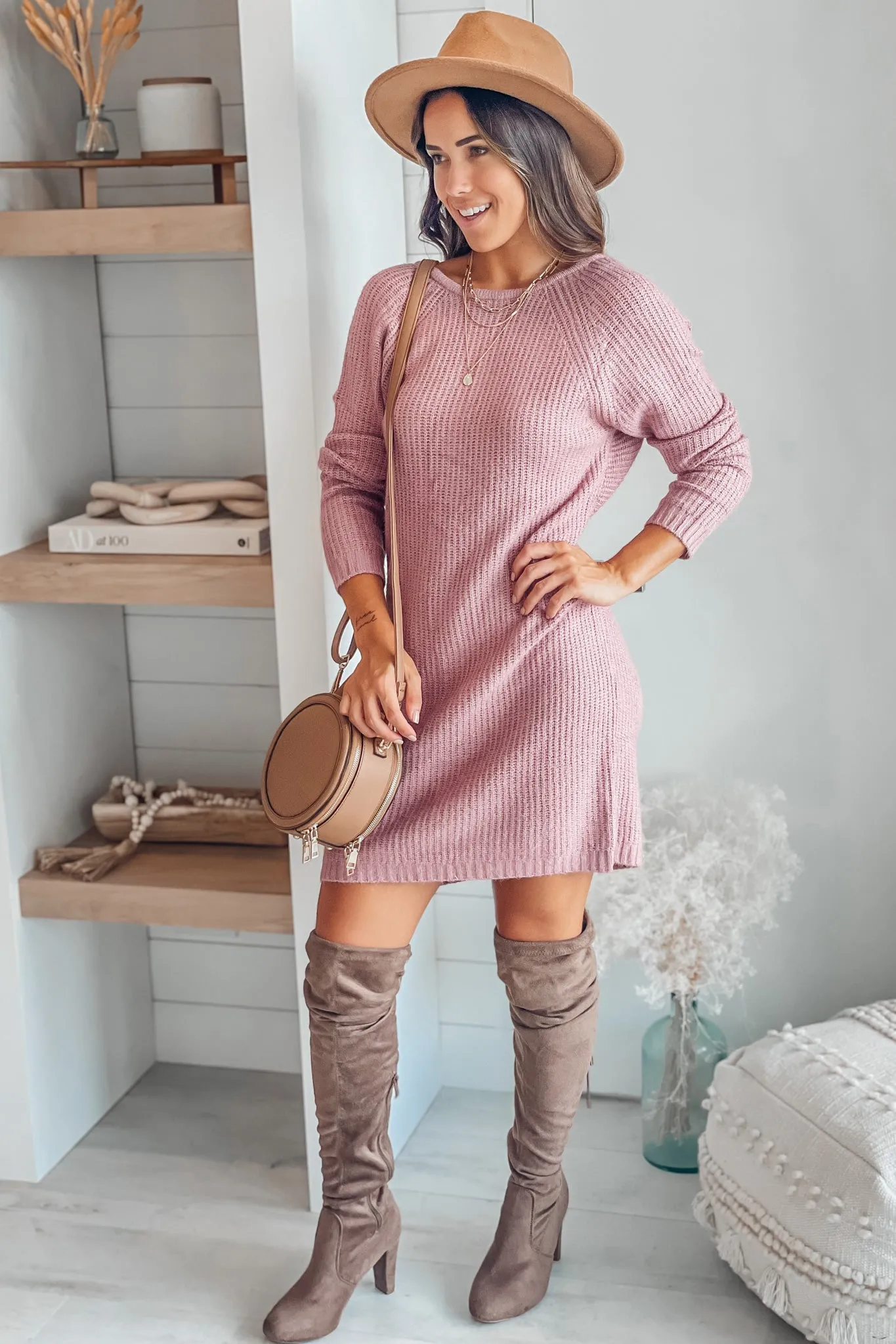 Mauve Knit Short Dress With Knot Detail