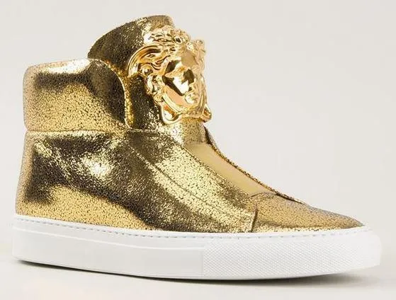 Medusa-Head Laceless Hi-Top Leather Sneakers in Gold