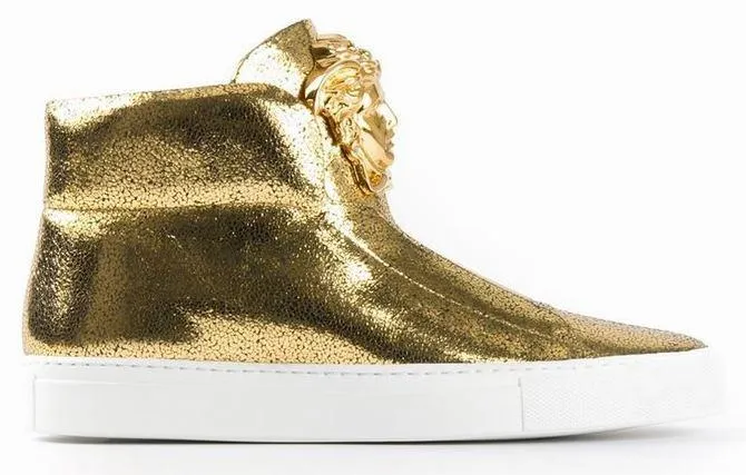 Medusa-Head Laceless Hi-Top Leather Sneakers in Gold