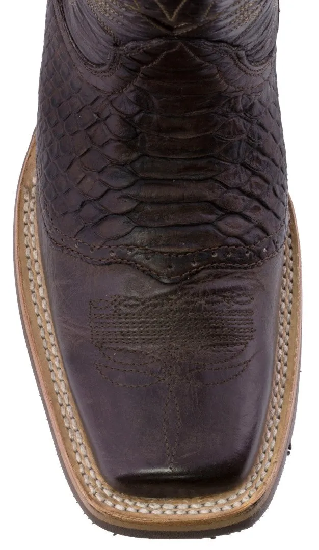 Mens Brown Western Leather Cowboy Boots Snake Print - Square Toe