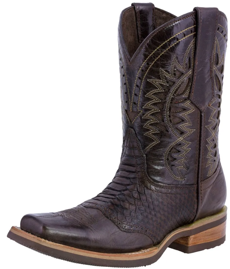 Mens Brown Western Leather Cowboy Boots Snake Print - Square Toe