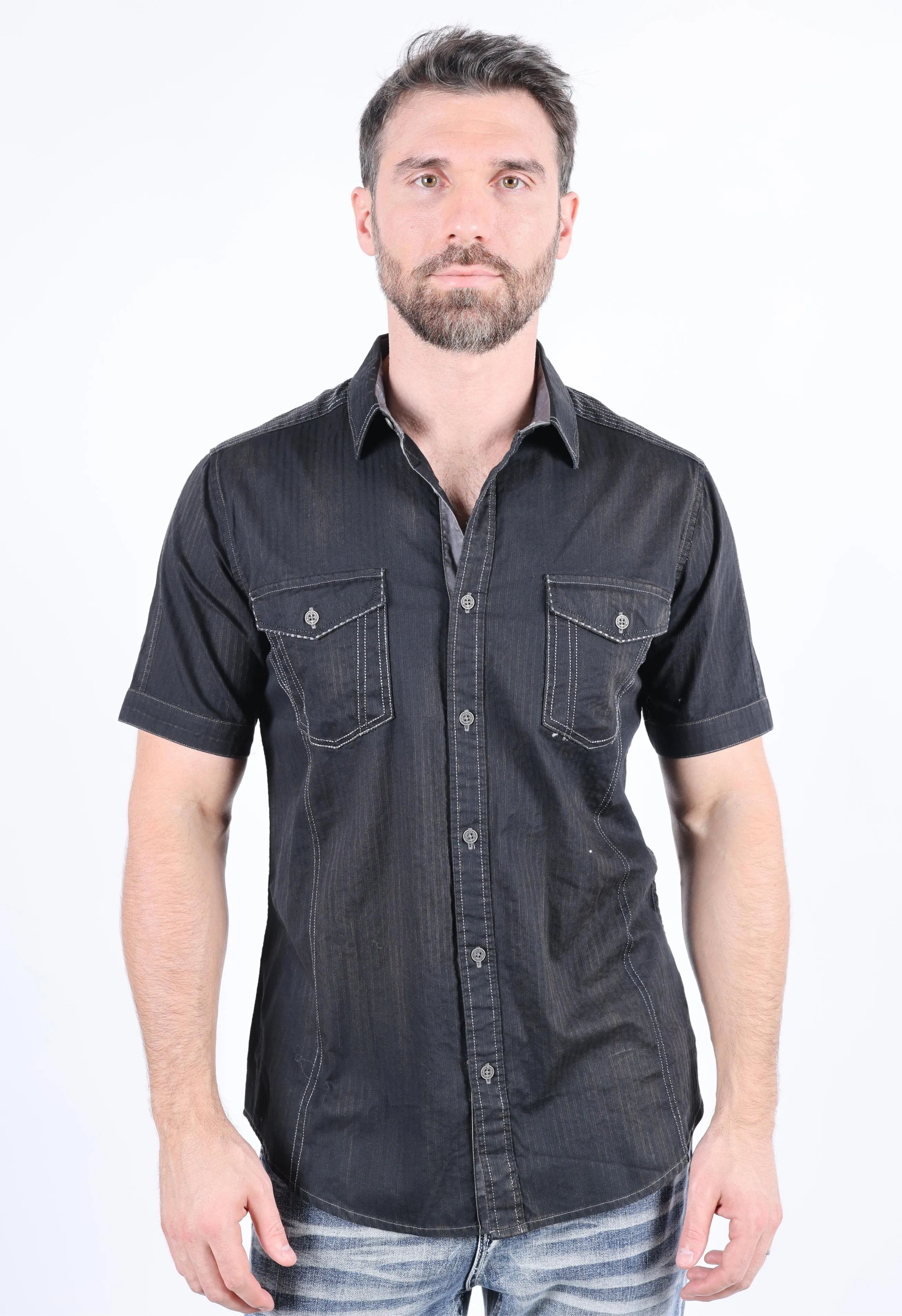 Mens Embroidery Modern Fit Stretch Short Sleeve Shirt