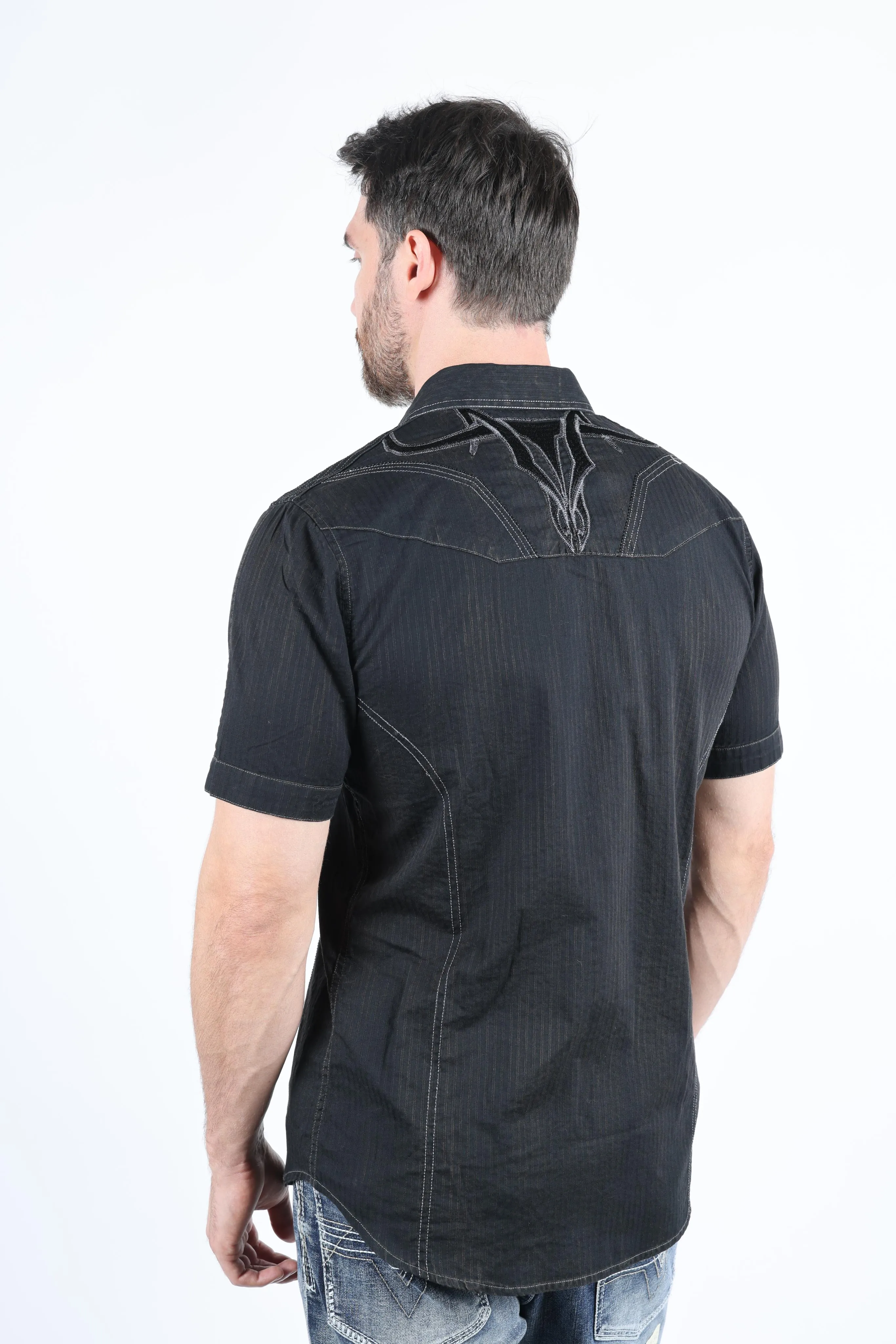 Mens Embroidery Modern Fit Stretch Short Sleeve Shirt