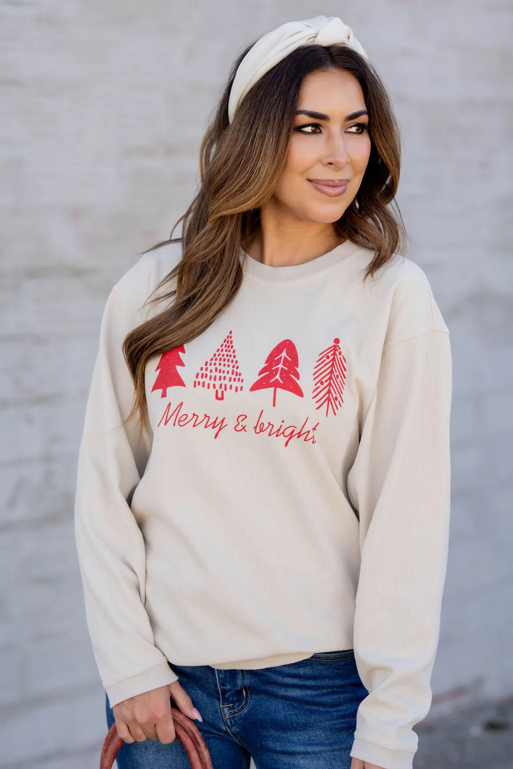 Merry & Bright Trees Ribbed Graphic Crewneck