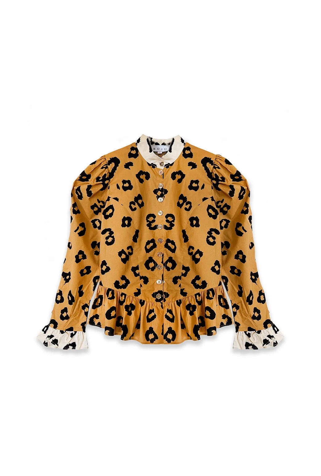 Peplum Puff Sleeve Button Down - Cheetah