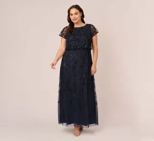 Plus Size Jasmine Beaded Blouson Gown With Sheer Short Sleeves In Navy Black