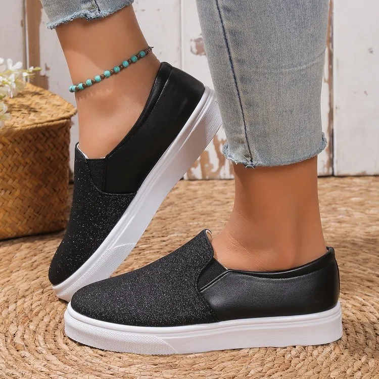 Round Toe Flat Shoes With Sequined Loafers Walking Shoes Women - GlamzLife