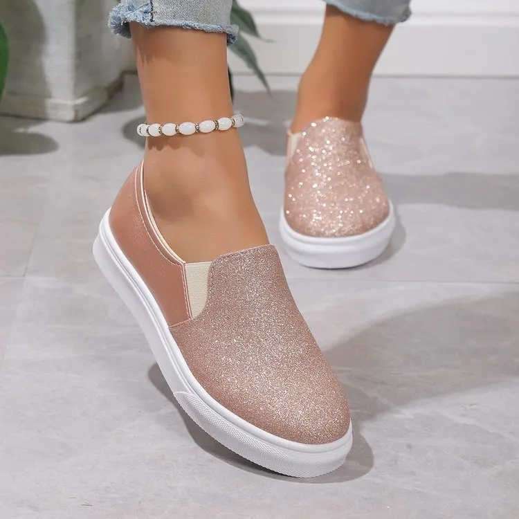 Round Toe Flat Shoes With Sequined Loafers Walking Shoes Women - GlamzLife