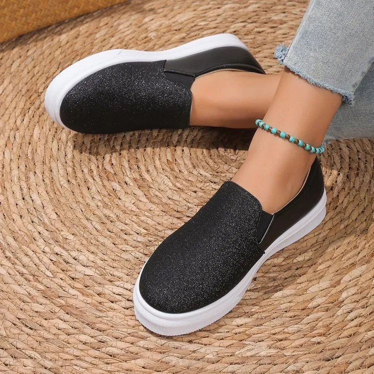 Round Toe Flat Shoes With Sequined Loafers Walking Shoes Women - GlamzLife