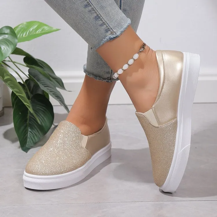 Round Toe Flat Shoes With Sequined Loafers Walking Shoes Women - GlamzLife