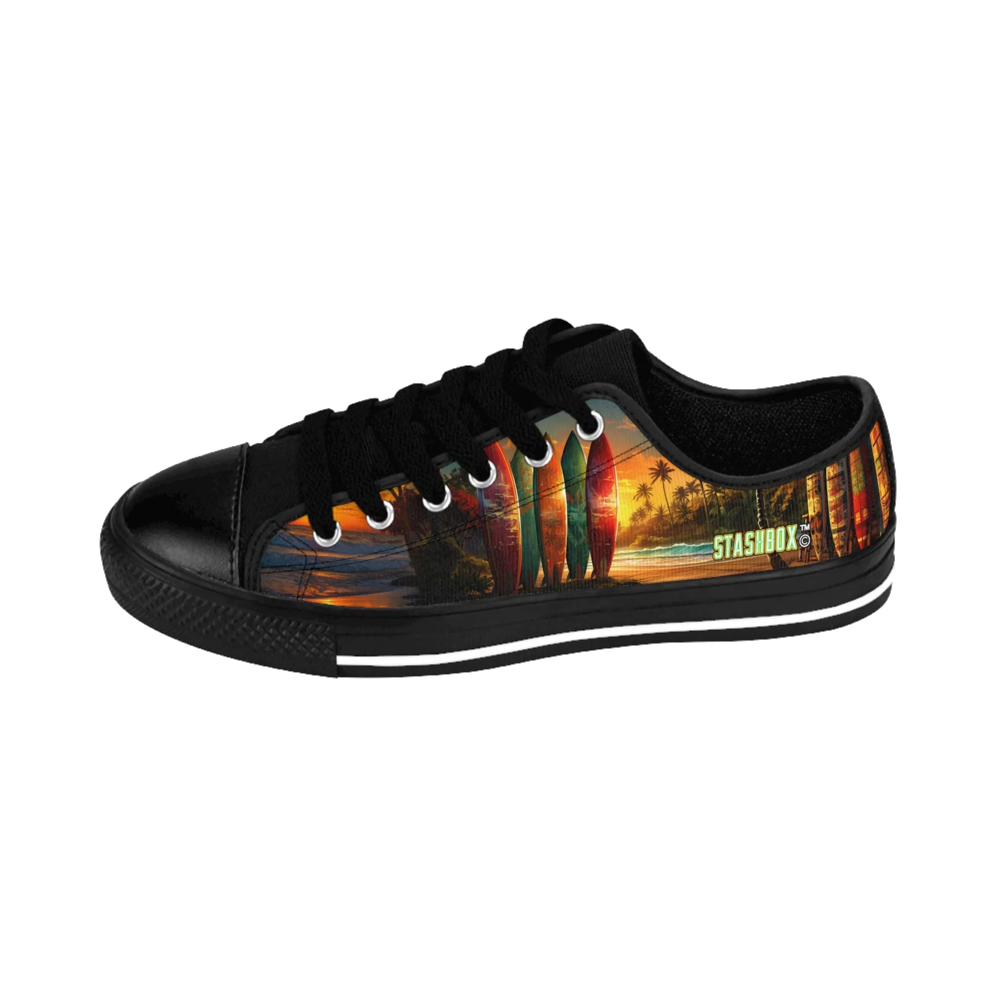 Surfboards in Stunning Hawaiian Sunset Beach Scene - Custom Men's Sneakers - Surfboard Design #003