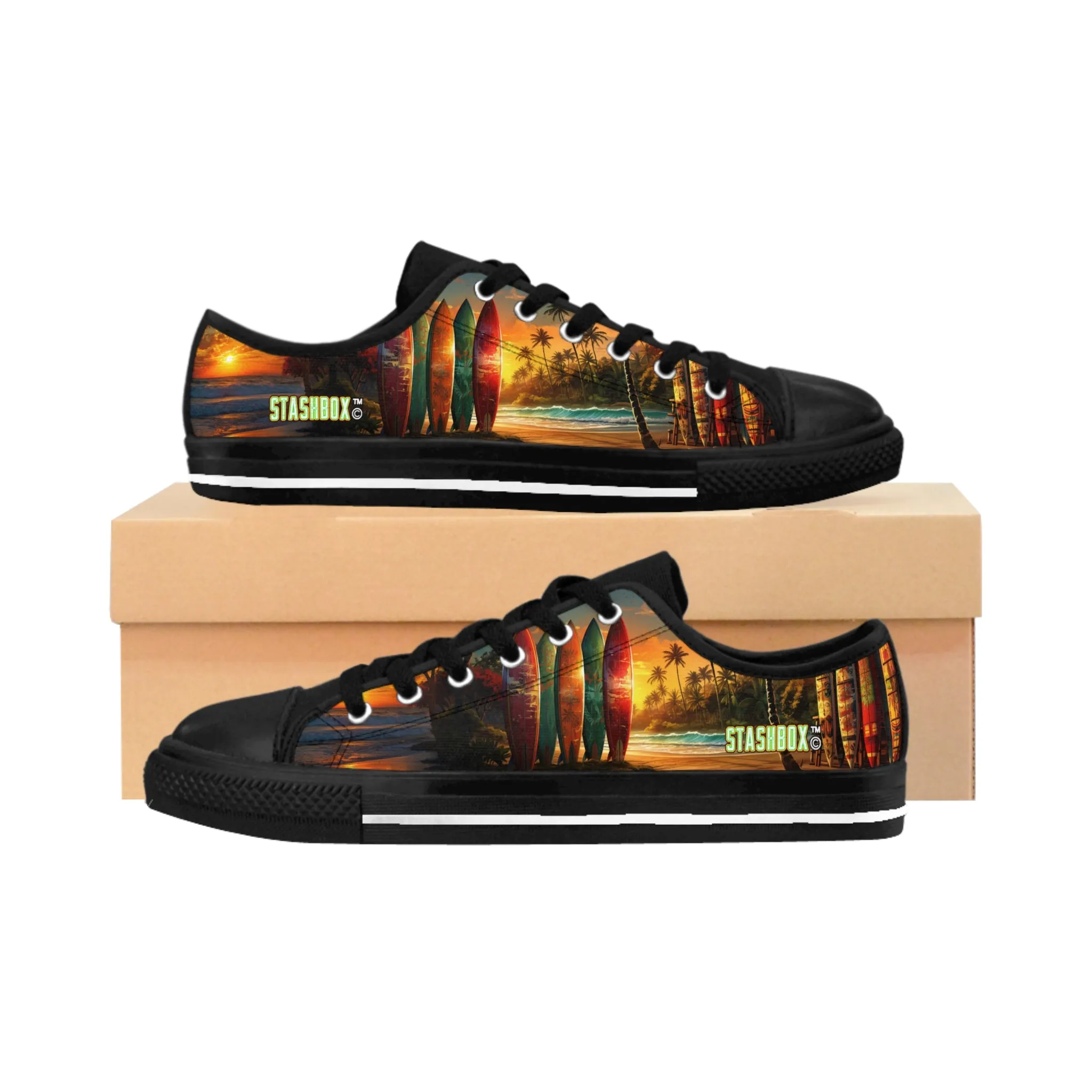 Surfboards in Stunning Hawaiian Sunset Beach Scene - Custom Men's Sneakers - Surfboard Design #003