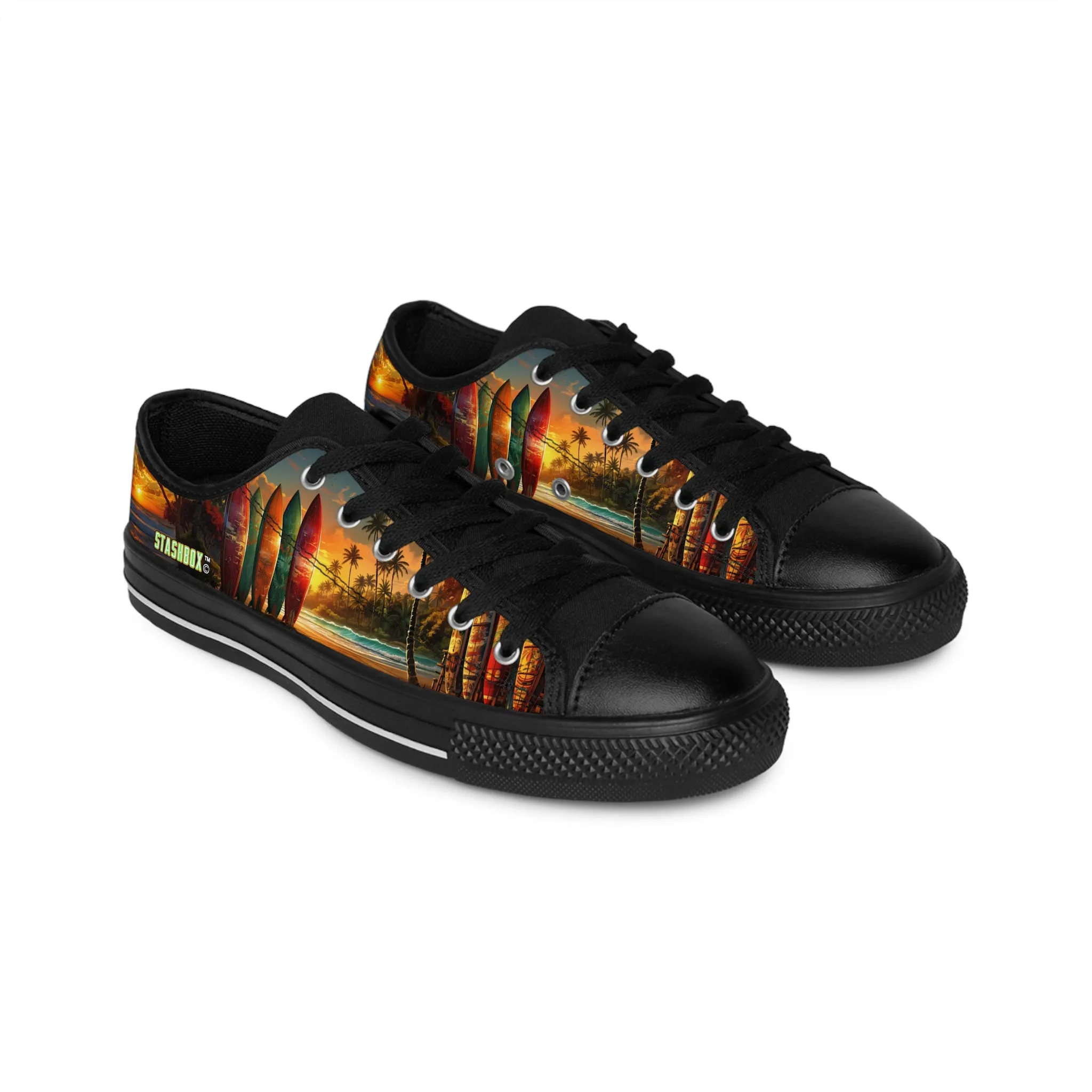 Surfboards in Stunning Hawaiian Sunset Beach Scene - Custom Men's Sneakers - Surfboard Design #003