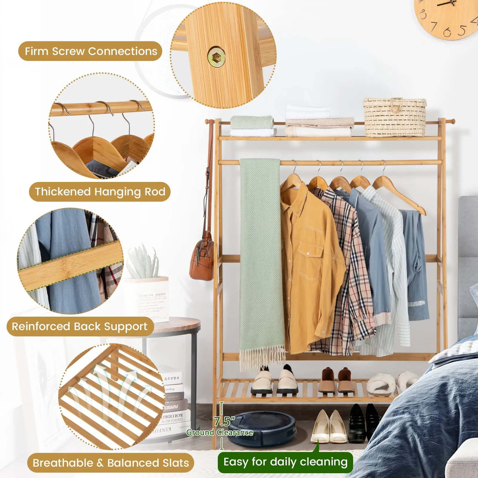 Tangkula Bamboo Clothing Rack with Storage Shelves