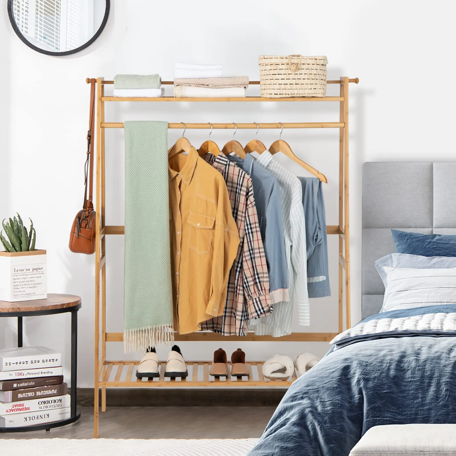 Tangkula Bamboo Clothing Rack with Storage Shelves