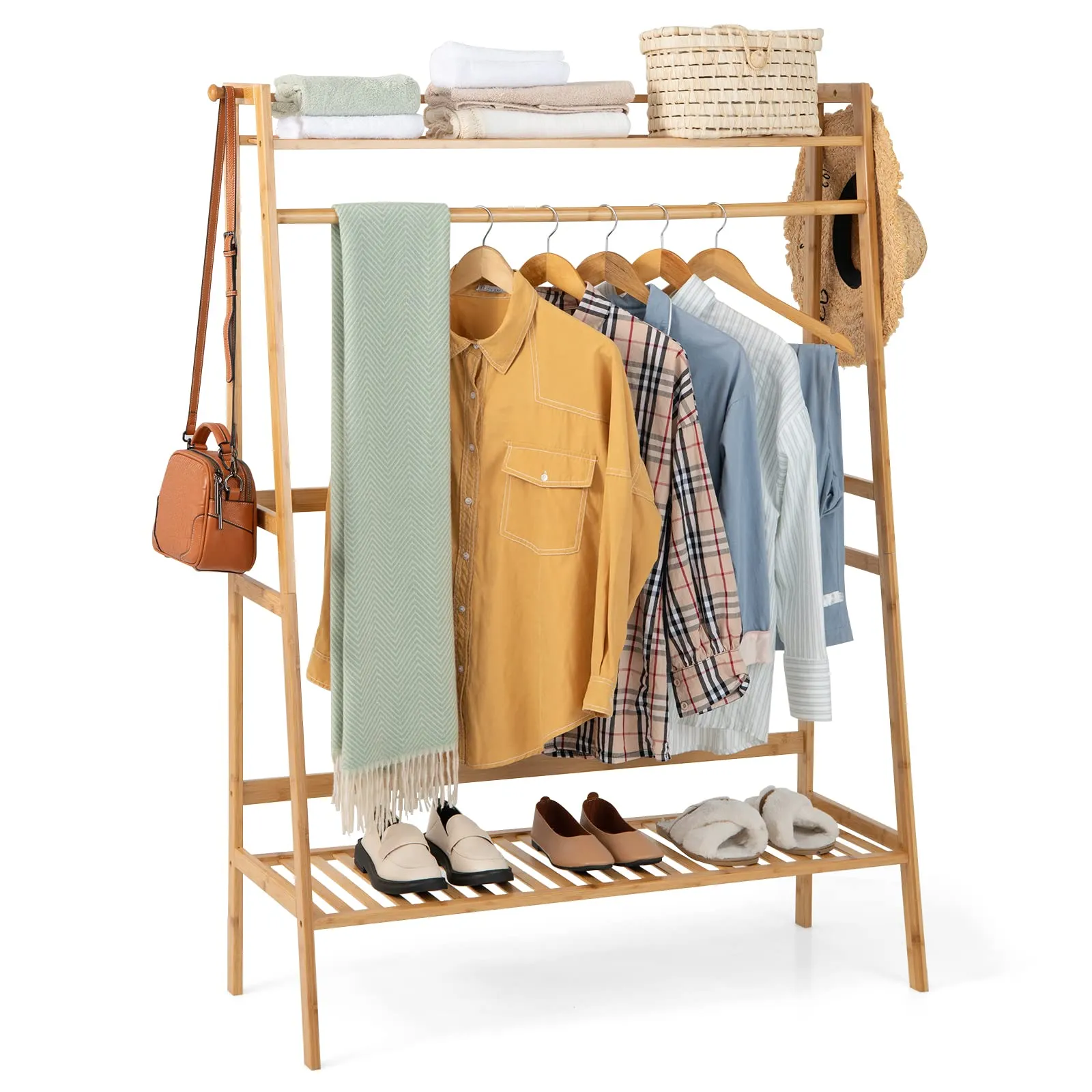 Tangkula Bamboo Clothing Rack with Storage Shelves