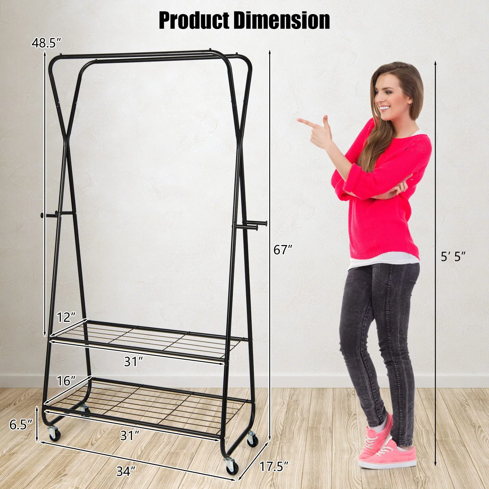 Tangkula Heavy Duty Clothes Rack with Shelves, Double Rod Rolling Garment Rack on Wheels with 4 Hooks