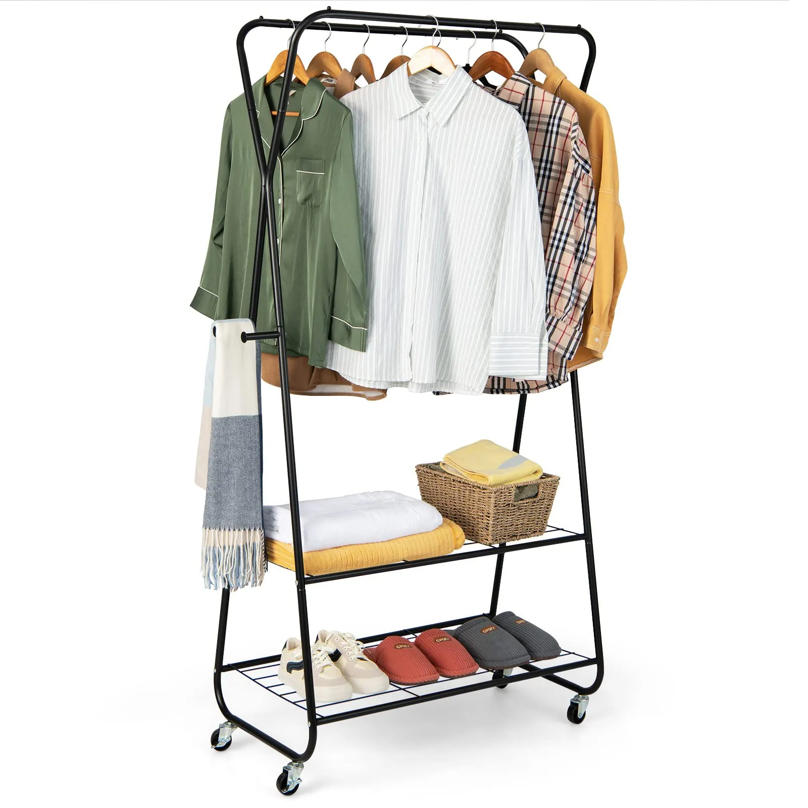 Tangkula Heavy Duty Clothes Rack with Shelves, Double Rod Rolling Garment Rack on Wheels with 4 Hooks