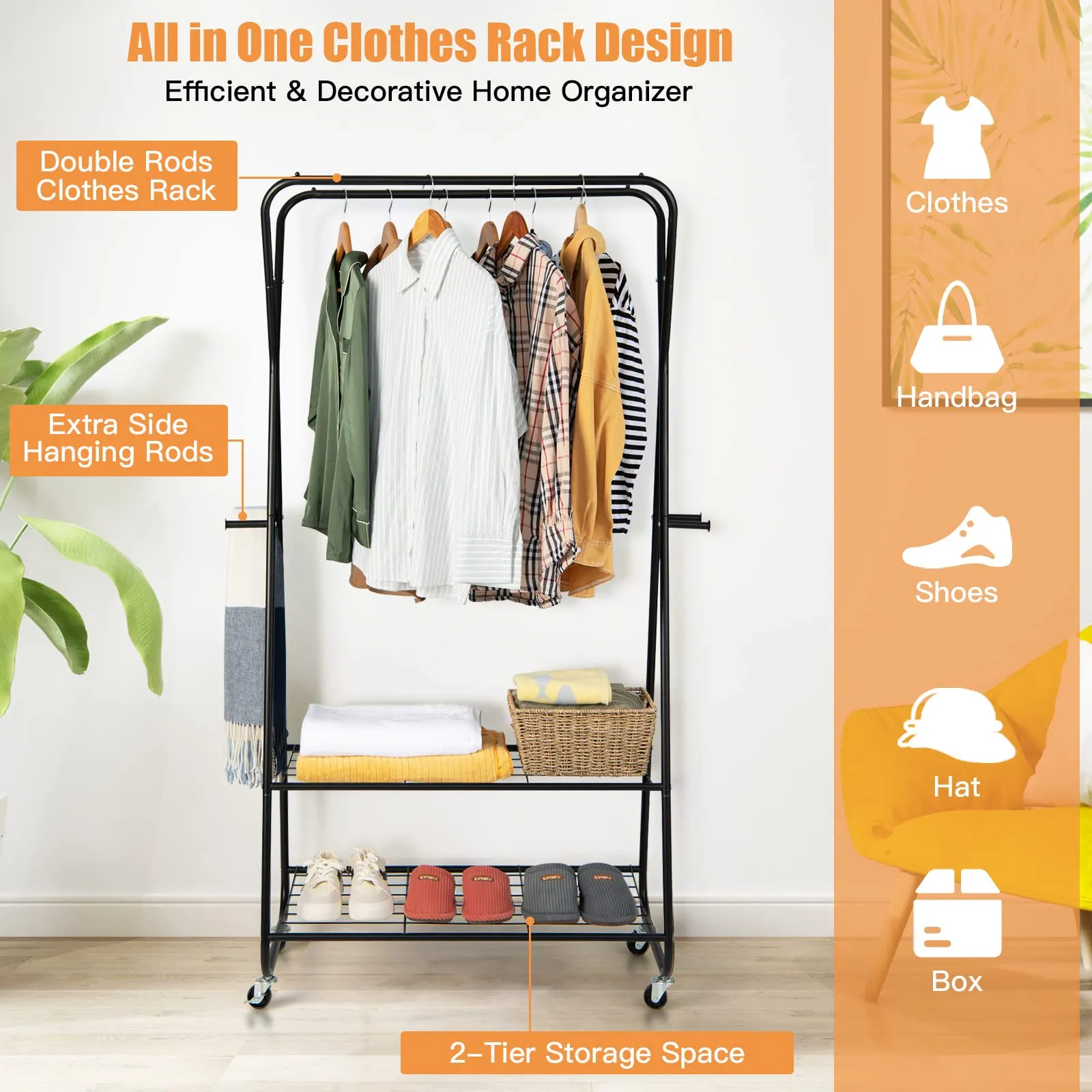 Tangkula Heavy Duty Clothes Rack with Shelves, Double Rod Rolling Garment Rack on Wheels with 4 Hooks