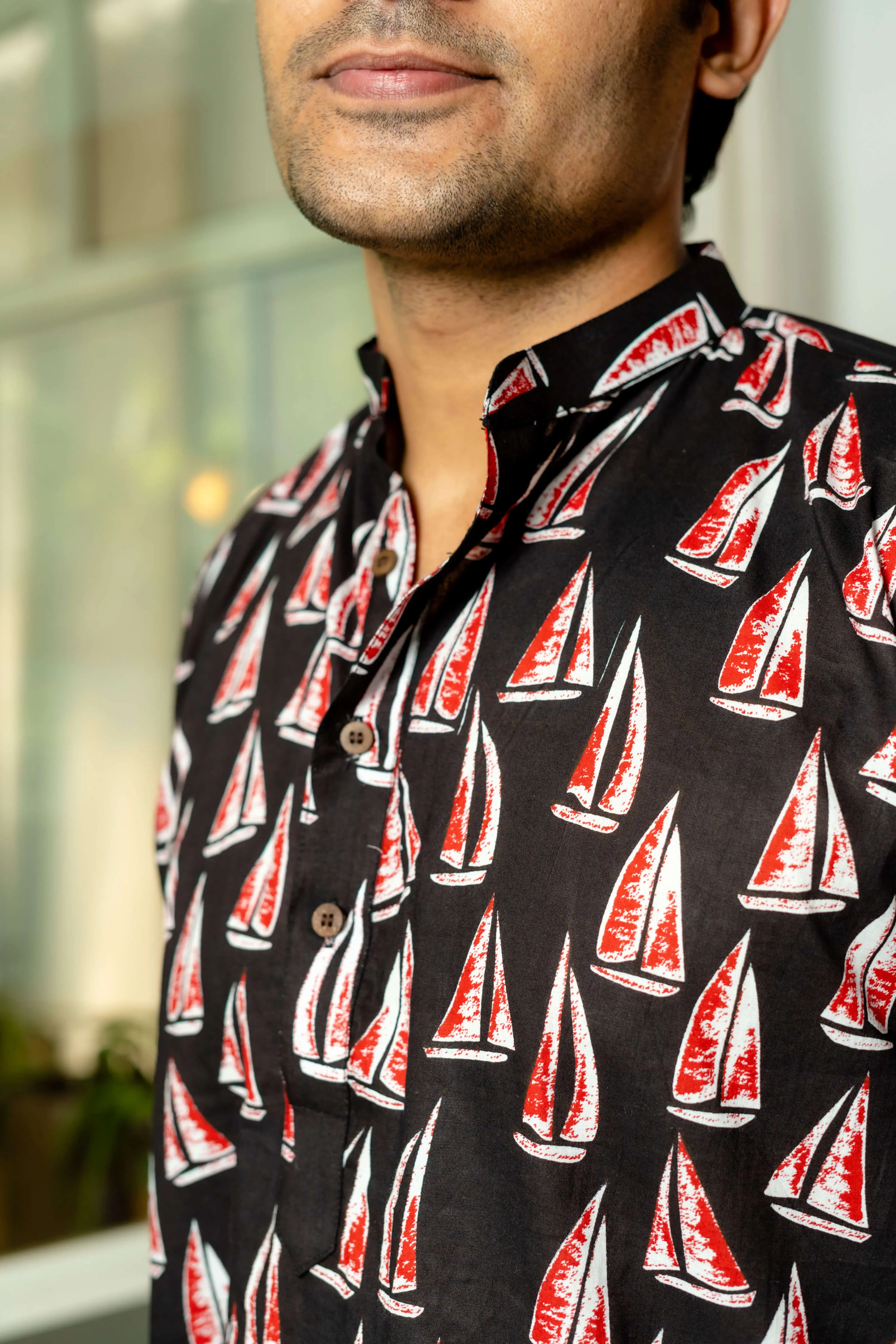 The Black Short Kurta With White And Red Boat Print