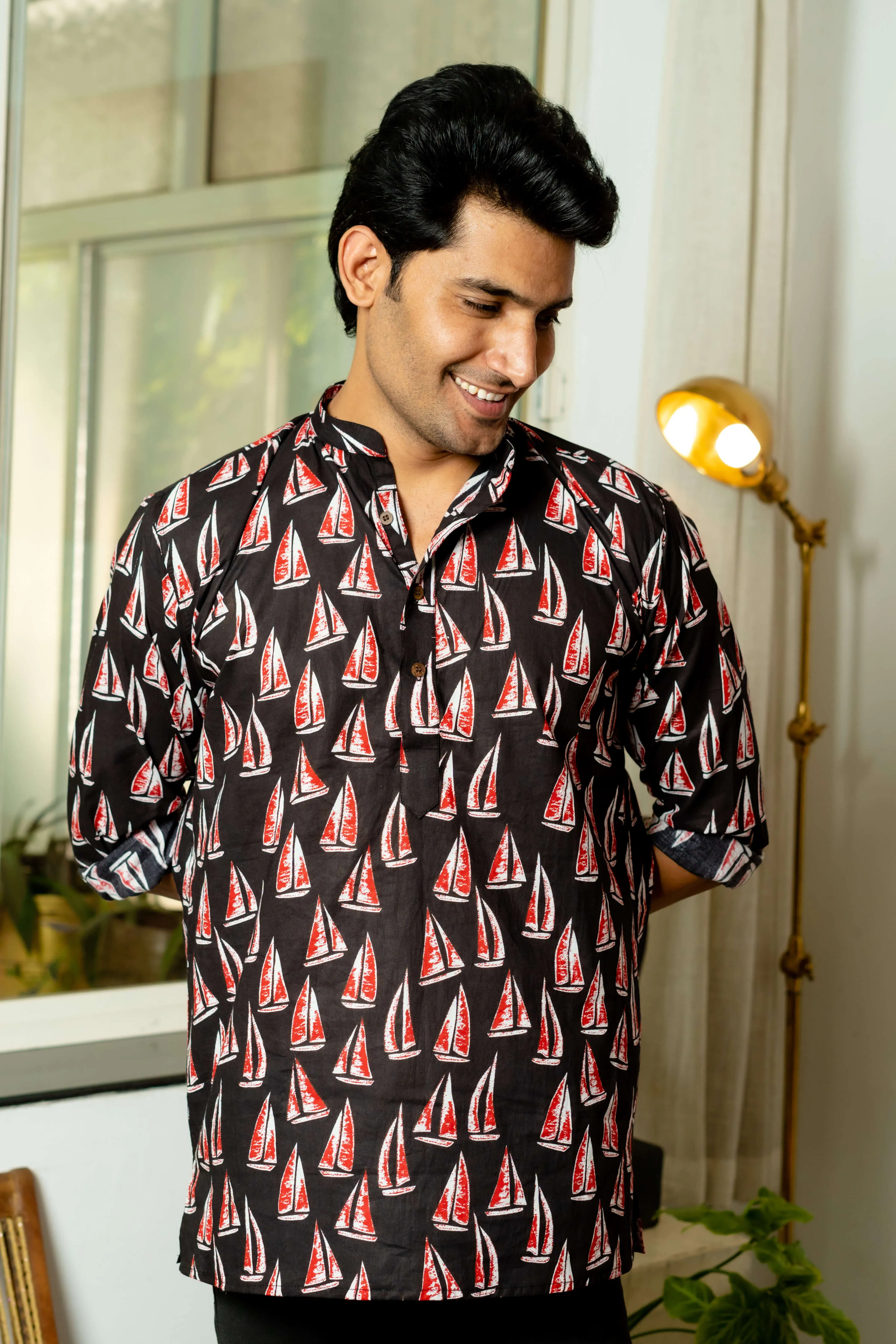 The Black Short Kurta With White And Red Boat Print