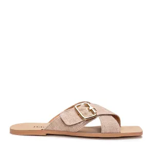 Tiara Cotton Vegan Flat Criss-Cross Sandals Beige