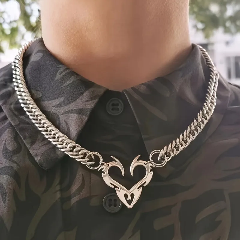 Unique Hollow Flame Heart Pendant Necklace - Edgy Rock-Inspired Minimalist Design, Unisex Retro Y2k Jewelry, Perfect Fathers Day Gift for Men and Women