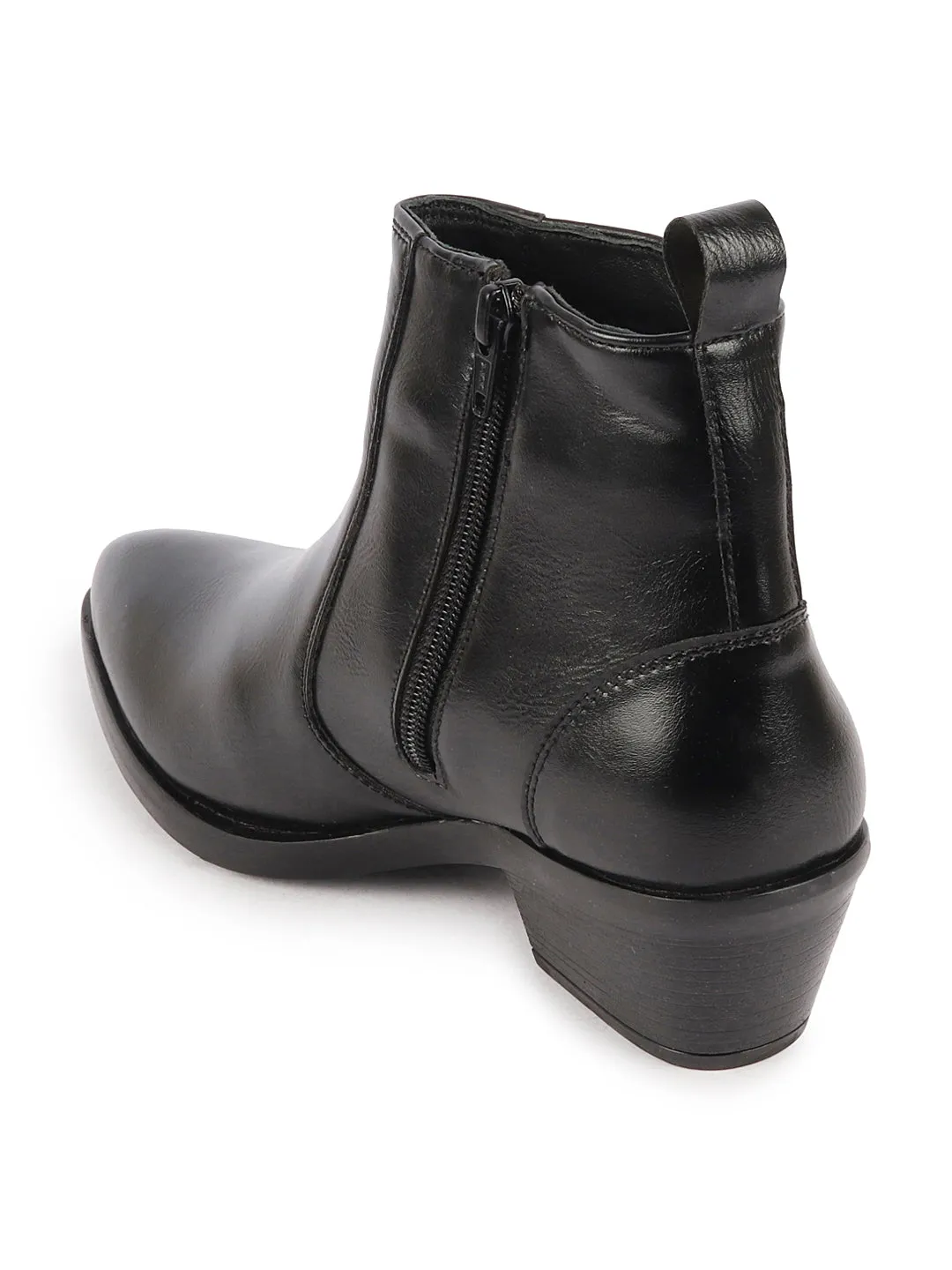 Women Black Mid Top Side Zipper Slip On Flared Heel Pointed Toe Chelsea Boots