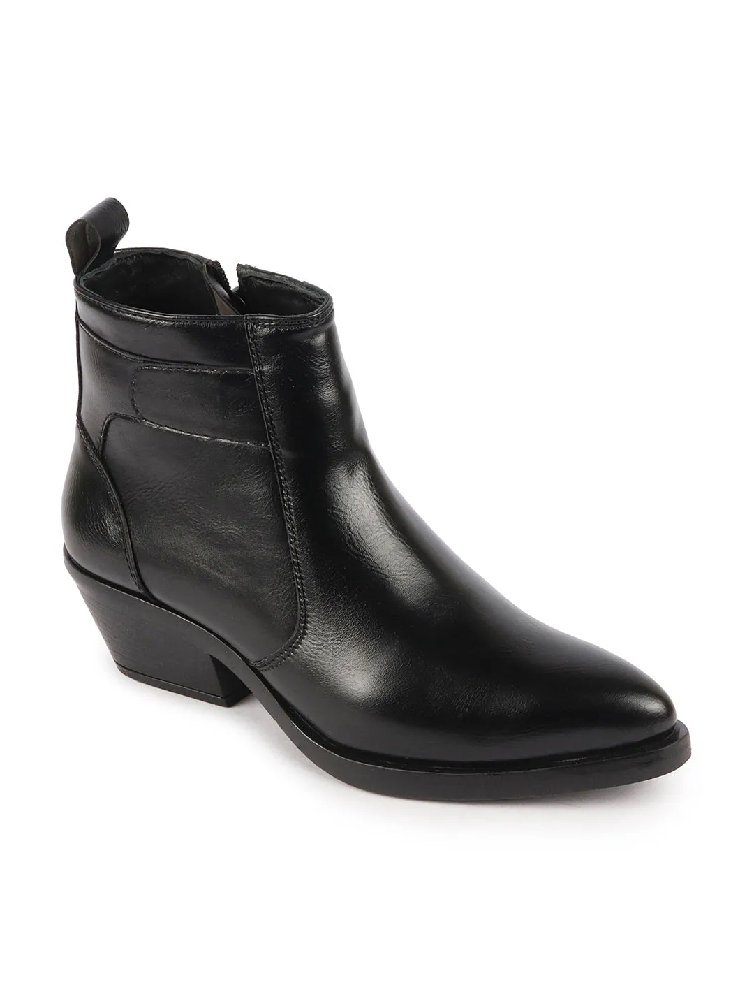 Women Black Mid Top Side Zipper Slip On Flared Heel Pointed Toe Chelsea Boots