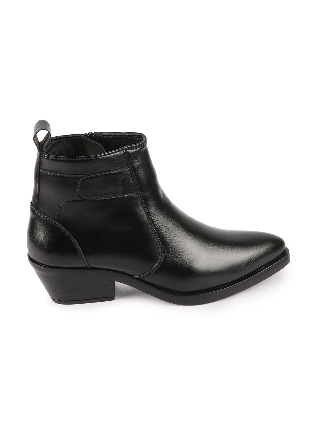 Women Black Mid Top Side Zipper Slip On Flared Heel Pointed Toe Chelsea Boots