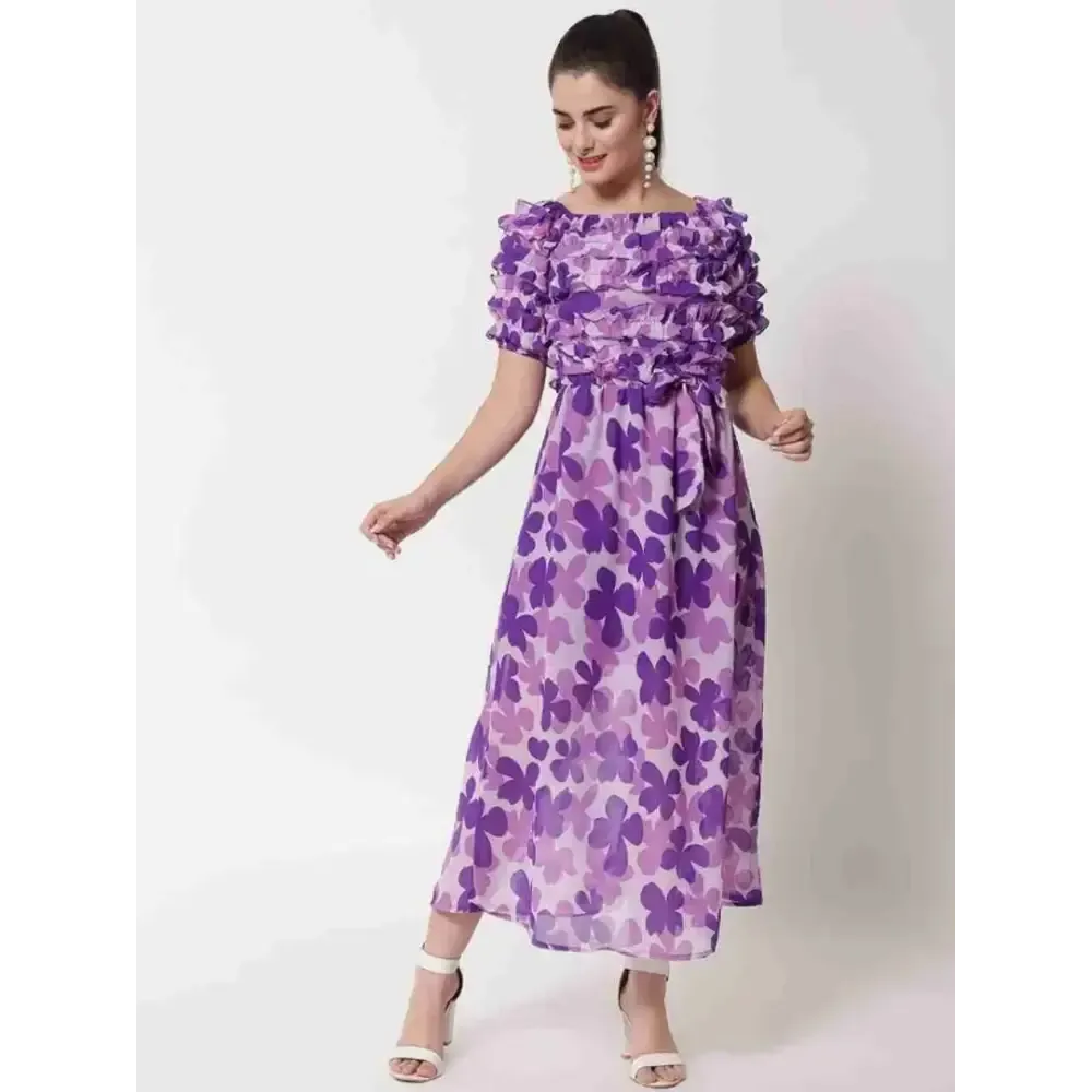 Women Flower Printed Dress Purple