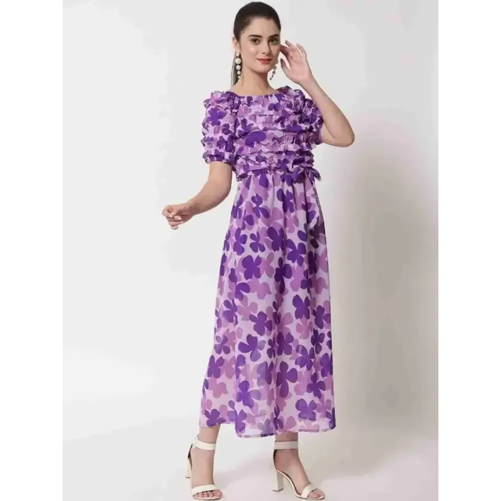 Women Flower Printed Dress Purple