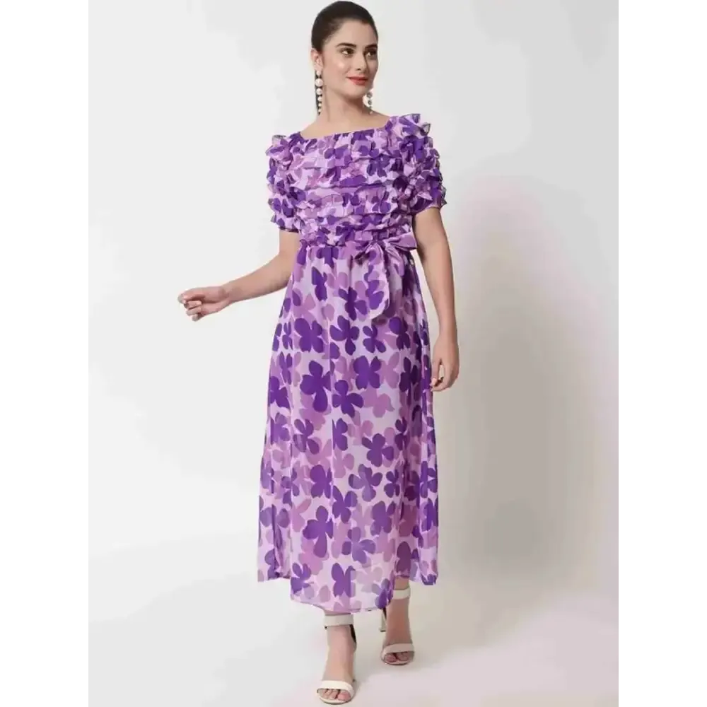 Women Flower Printed Dress Purple