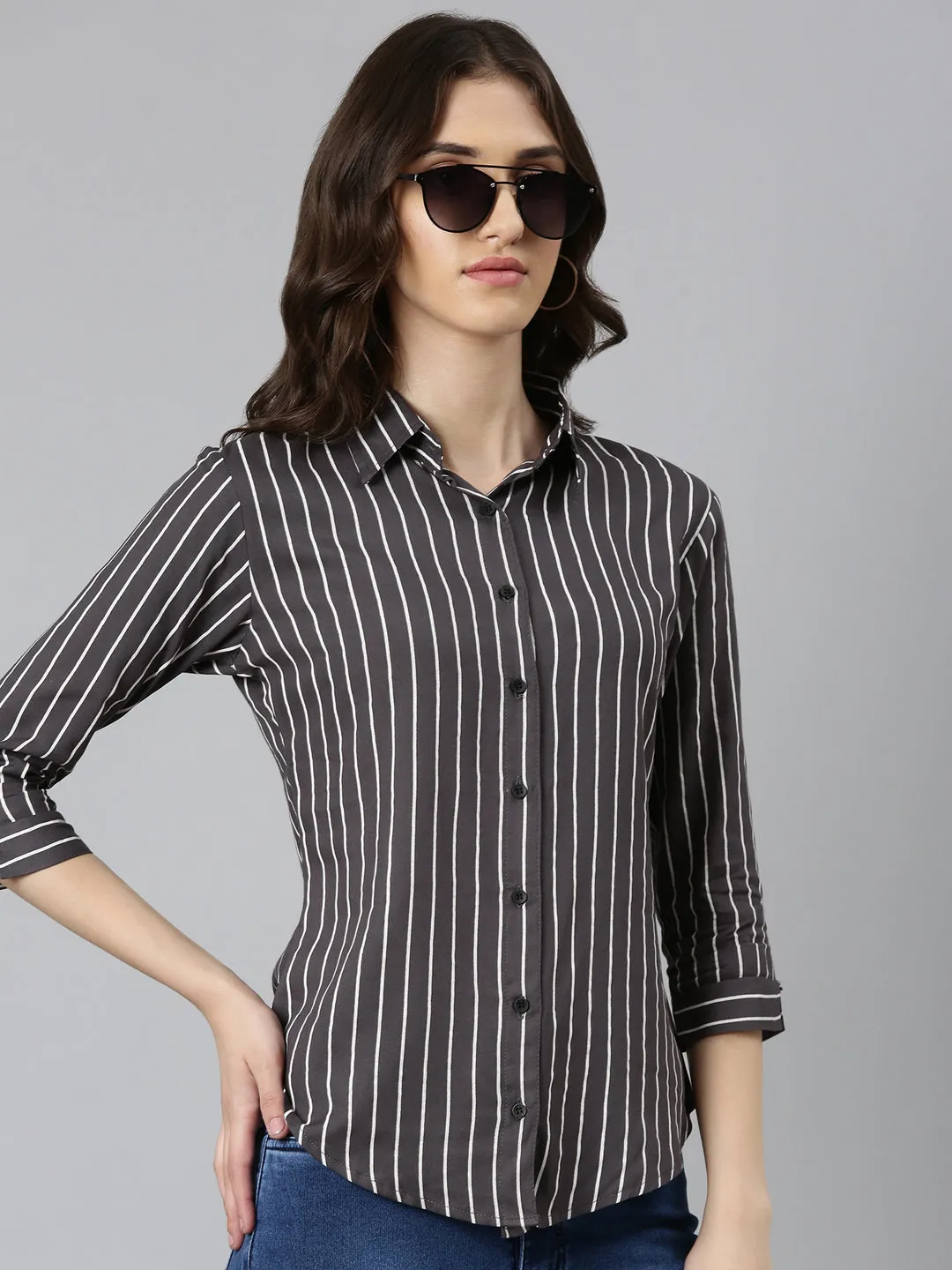 Women Grey Striped Shirt