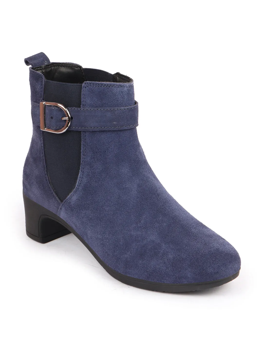 Women Navy Flared Heel High Ankle Suede Leather Classic Winter Buckle Strap Chelsea Boots