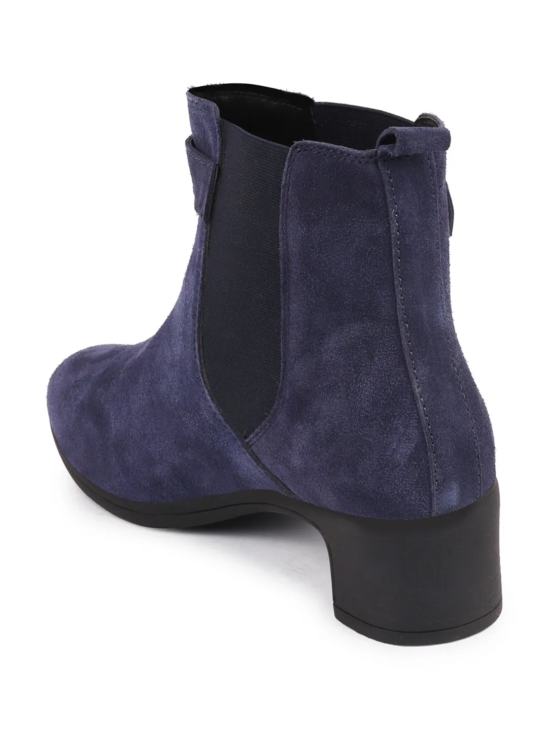 Women Navy Flared Heel High Ankle Suede Leather Classic Winter Buckle Strap Chelsea Boots