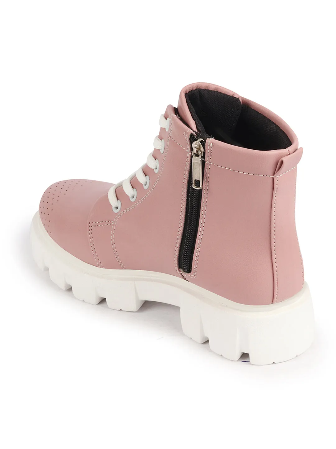 Women Peach Outdoor Winter High Top Chunky Lace Up Casual Boots