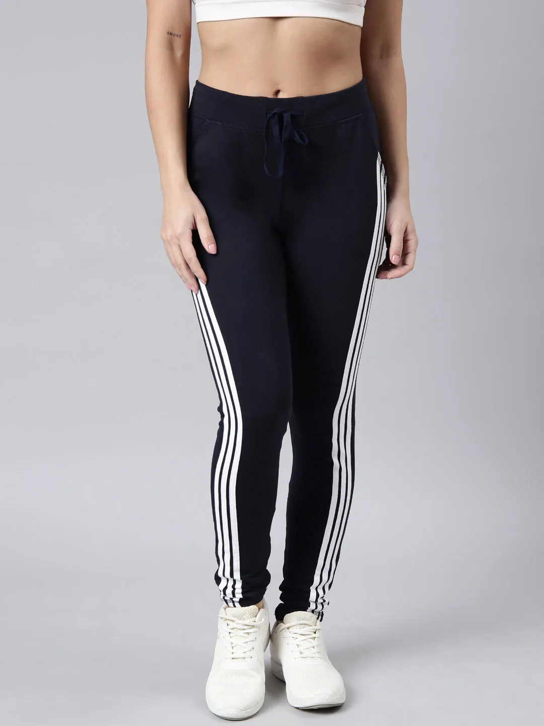 Women Solid Slim Fit Navy Blue Track Pant