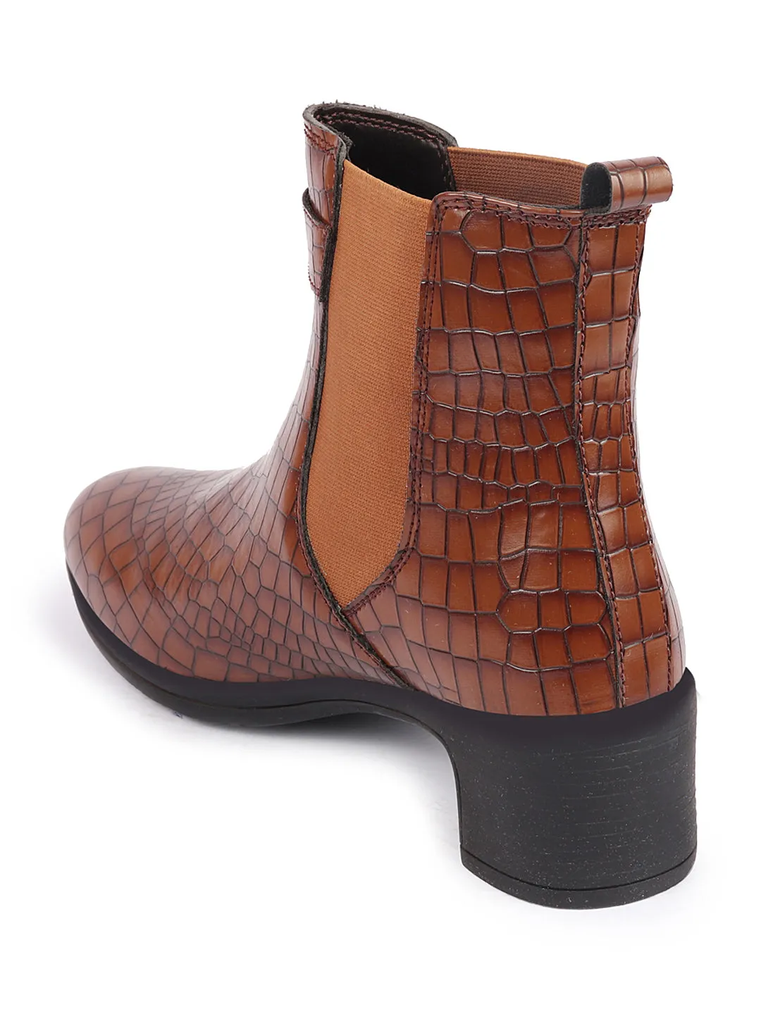 Women Tan Flared Heel High Ankle Leopard Print Embossed Design Winter Buckle Strap Chelsea Boots