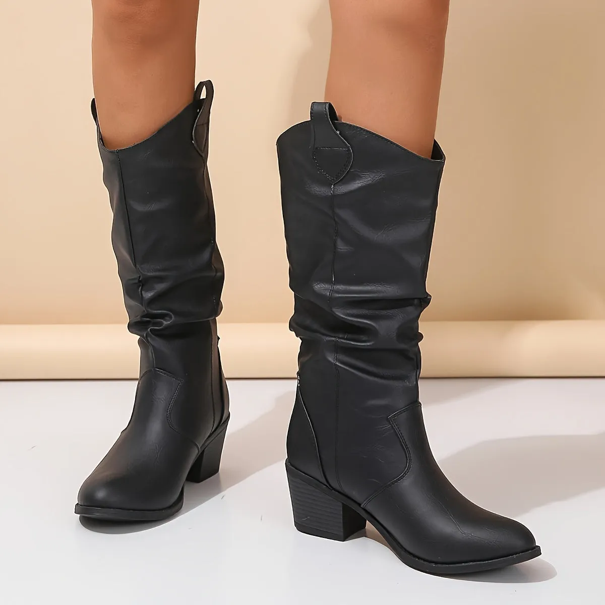 Women's Comfortable Slouchy Motorcycle Boots – Mid Heel, Round Toe, V-cut Design, Solid Color, Stable Block Heel, Easy Slip-On