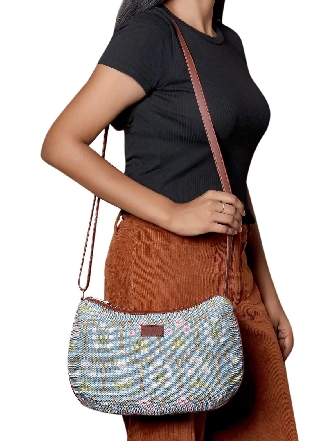 ZOUK 100% PeTA Approved Vegan Leather Jaipur Fresco Blue Print Shoulder Bag for Women