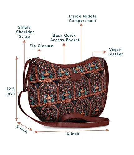 ZOUK 100% PeTA Approved Vegan Leather Royal Indian Peacock Print Shoulder Bag for Women