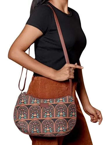 ZOUK 100% PeTA Approved Vegan Leather Royal Indian Peacock Print Shoulder Bag for Women